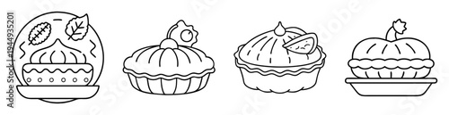 Black and white line art of several pies with various toppings