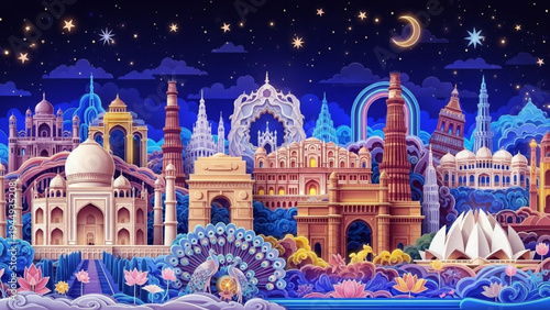 Intricate paper cut illustration of India landmarks at night featuring a majestic peacock in the foreground under a starry crescent moon sky.