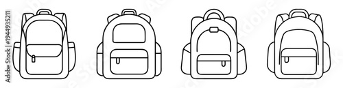 Four distinct outline depictions of backpacks suitable for back to school themes