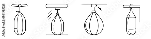 Four distinct boxing speed bag styles, each suspended from a different fixture