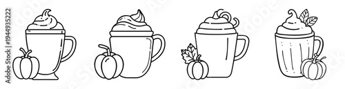 Collection of stylized autumn beverages with pumpkin spice and whipped topping
