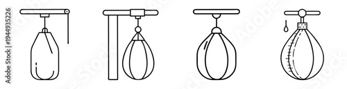 Collection of punching bags in simple line art style on white backdrop