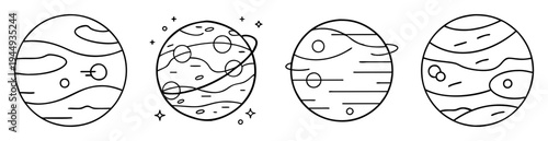 Stylized planets with various surface features and celestial markings in black outline