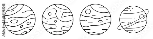 Stylized planets with unique patterns and rings rendered in a minimalist style