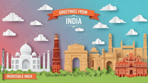 A clean, flat-style paper cut banner featuring "Incredible India" text, Taj Mahal, Qutub Minar, and Gateway of India on a soft gradient background.