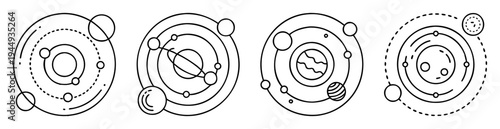 Four unique solar system arrangements featuring planets, orbits, and cosmic designs