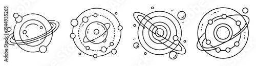Outlined minimalist planets solar systems with orbits in universe and space