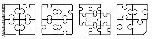 Four jigsaw puzzle pieces in various states of completion and arrangement