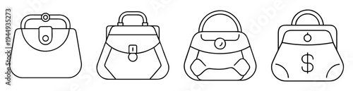 Four stylized purses arranged in a neat row with thick black outlines