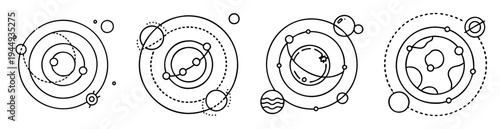Stylized depiction of different planets orbiting around a central star with line art