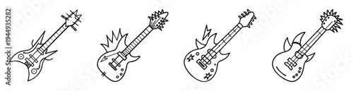 Line art illustration featuring an array of stylized heavy metal guitars