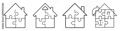 Assembling puzzle pieces to construct home shaped images and architectural representation