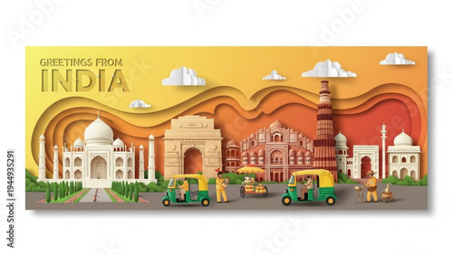 A warm-toned paper cut illustration showing Indian landmarks along with iconic auto-rickshaws and street life elements under a golden sky.