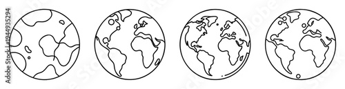 Four different stages of a globe with continents in outline format