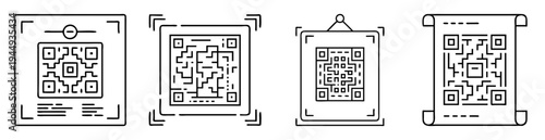 Different depictions of QR code illustrations in a set of drawings