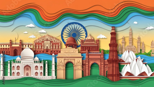 Artistic representation of Indian monuments like the Red Fort and India Gate, integrated with the colors of the Indian flag and the Ashoka Chakra.