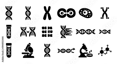 DNA Genetics Science Icon Set – Molecular Biology Helix Chromosome Laboratory Silhouettes