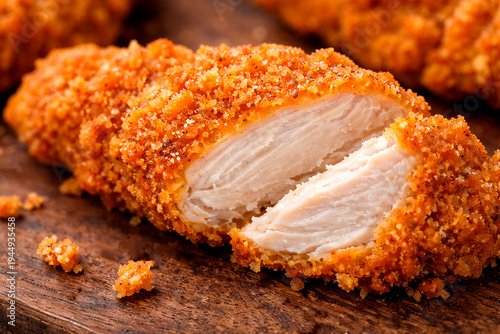 Cut Crispy Chicken Nugget Showing Juicy Meat Inside, Fried Breaded Chicken Close Up