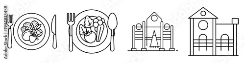 Black and white line drawing depicting culinary and recreational themes in harmony