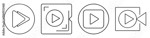 Set of geometric media player icons with play button variations in monochrome