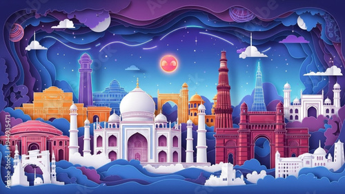 A magical night-time paper cut scene of Indian monuments illuminated by a glowing moon and stars in a deep purple and blue palette.