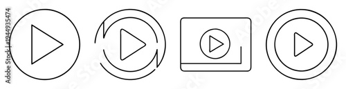 Four stylized video play buttons in outline style, various shapes and layouts