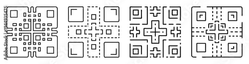 Abstract geometric designs featuring squares, lines, corners, and dashed lines, arranged symmetrically
