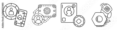 Black and white line art featuring user interfaces and UI elements
