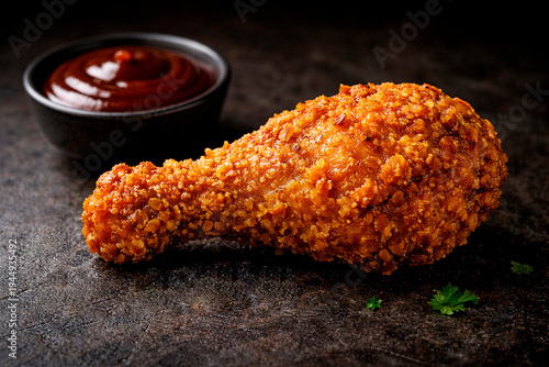 Crispy Fried Chicken Drumstick with Dipping Sauce on Dark Background