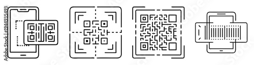 Line art illustration depicting QR code scanning and barcode technologies on smartphones