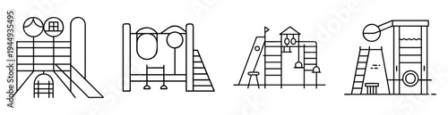 Stylized playground equipment featuring slides, ladders, and swings rendered in black lines
