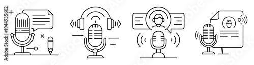 Four distinct podcasting setup icons showcasing microphone with different digital media elements