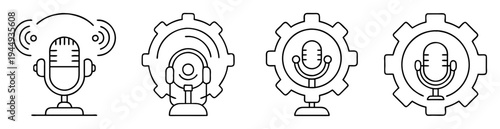 Podcast recording with a microphone and gear settings vector illustration