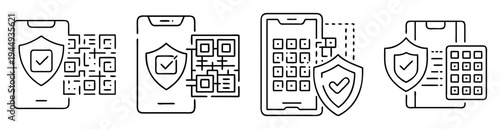 Mobile security icons featuring smartphones, shields, and verification checkmarks and QR codes
