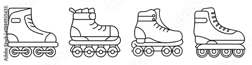 Four stylized roller skate icons showcasing different designs in a single line