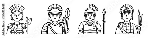 Four cartoon ancient soldiers with spears wearing helmets and armor outline