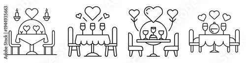 romantic dinner arrangements with love hearts, tables, chairs, candles and covered dishes