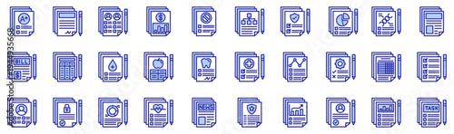 Big Data purple style icon collection. Vector illustrations. Report card, Contract, Evaluation, Money, Petition, Hierarchical structure. Professional vectors.