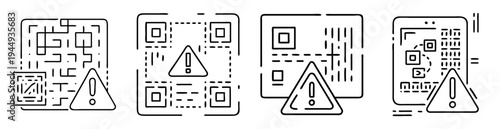 Multiple QR codes icons with error and warning signs isolated on white