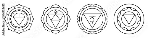 Illustration of four chakra symbols, energy centers in traditional Indian belief