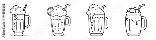 Black and white line art illustration of four different milkshakes