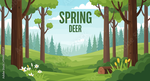 Spring Deer in Forest Meadow Scene.