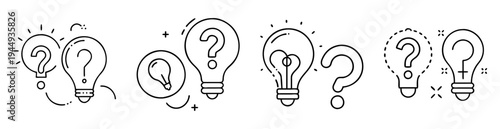 Multiple light bulbs with question marks representing problems and solutions