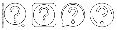 Four distinct question mark icons in various shapes and styles outline design