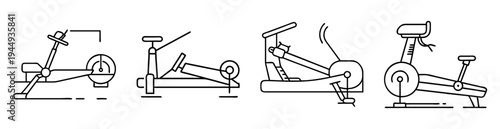 Four different types of exercise bikes line art fitness illustration