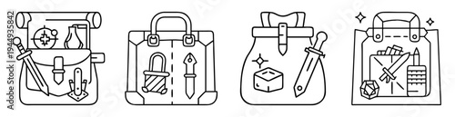 Black and white line drawing showcasing various adventurer's equipment bags icons