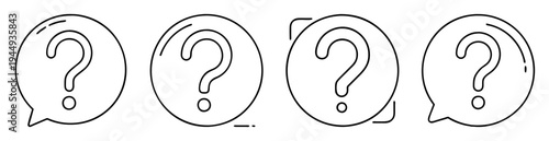 Four question mark symbols within different speech bubble variations in black and white
