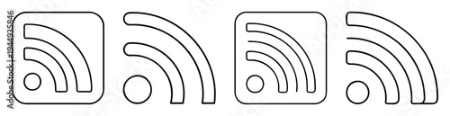 Four variations of the RSS feed icon in black and white outline
