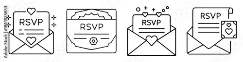 Line art illustration of four RSVP invitation cards with varying designs