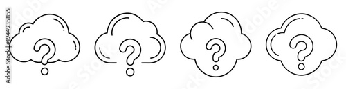 Four stylized clouds containing question marks representing uncertainty and inquiries